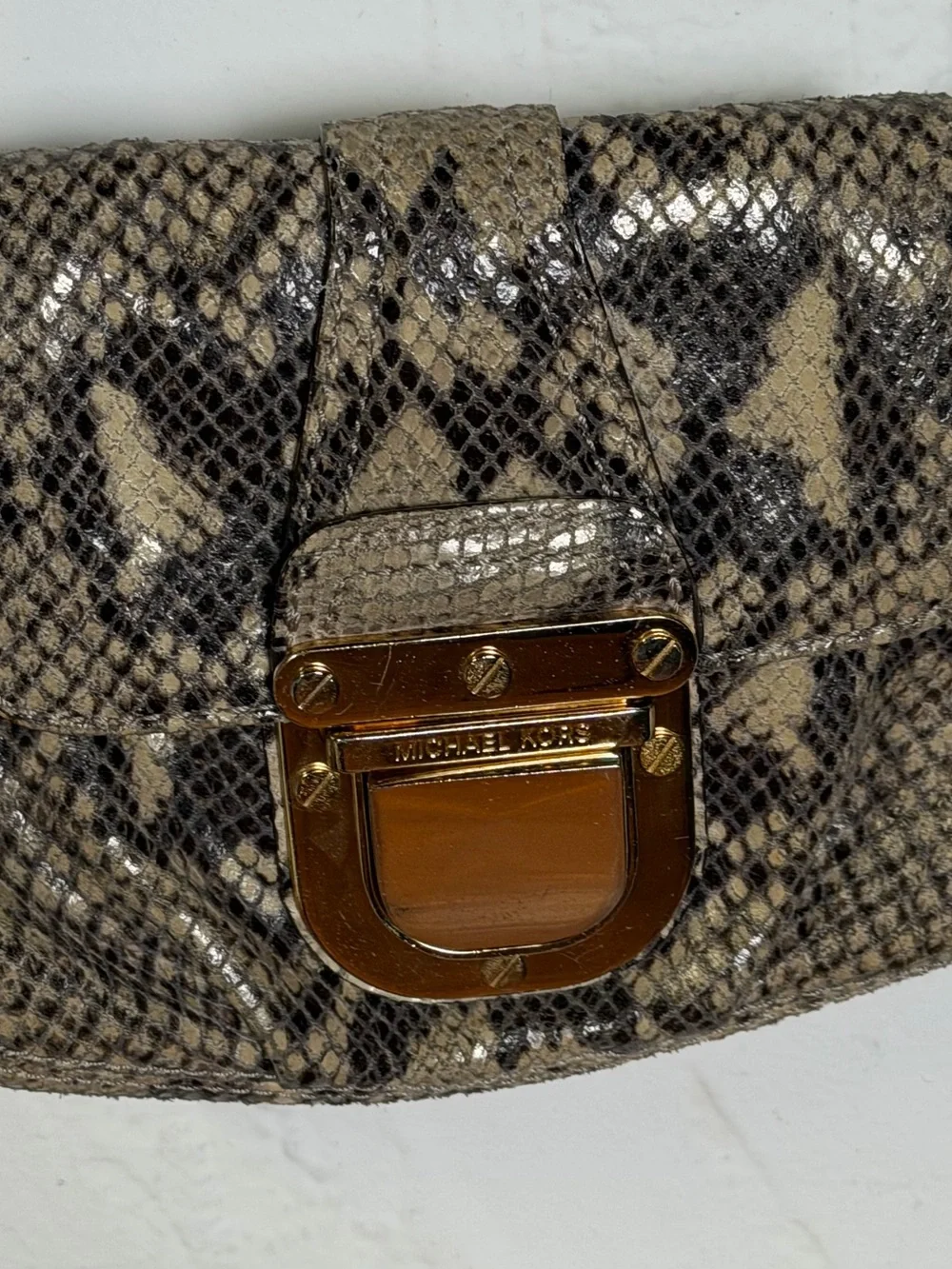 Michael Kors Snake-Print Crossbody in Beige and Brown with Gold Hardware Classy